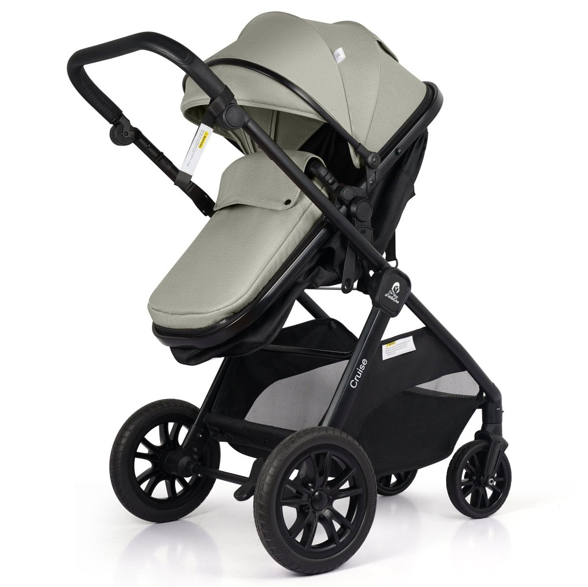 Baby stroller with beige seat and black frame on a white background