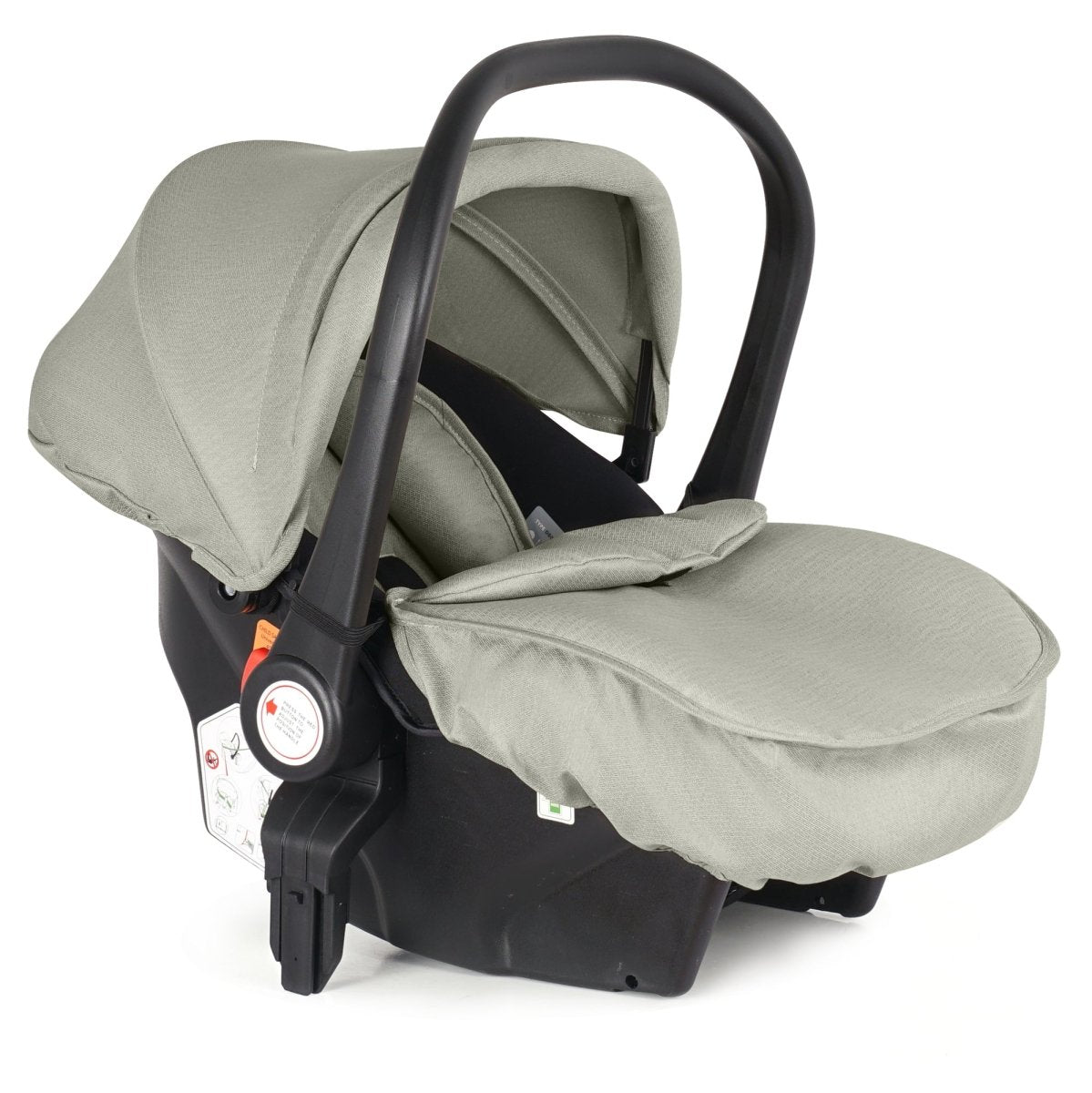 Grey baby car seat with black base on a white background