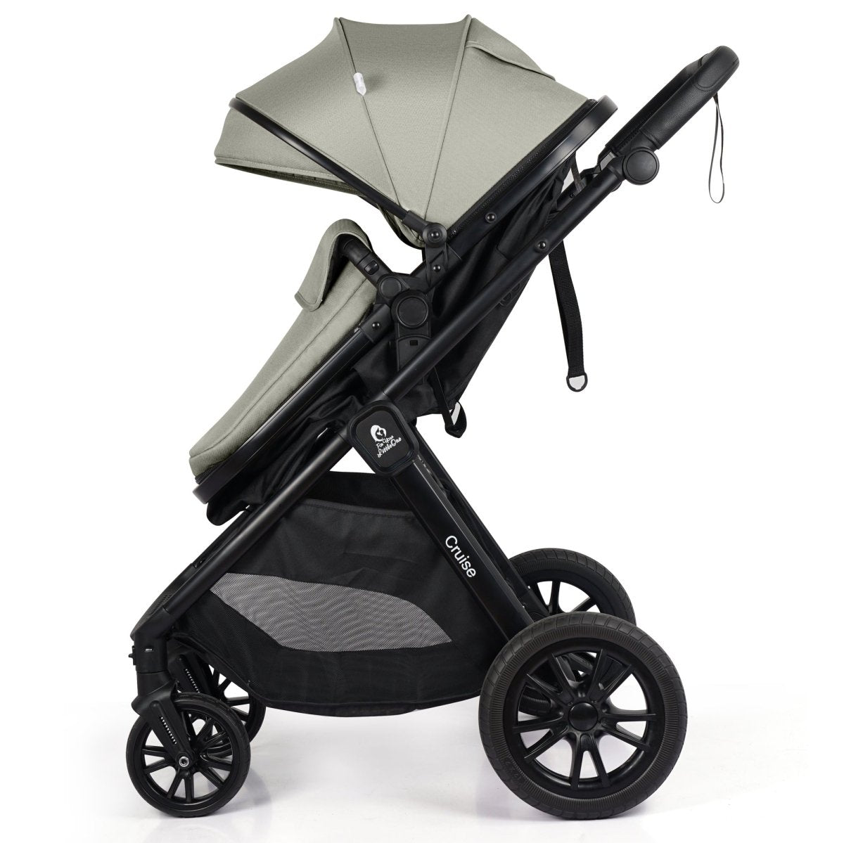 Black and grey stroller on a white background