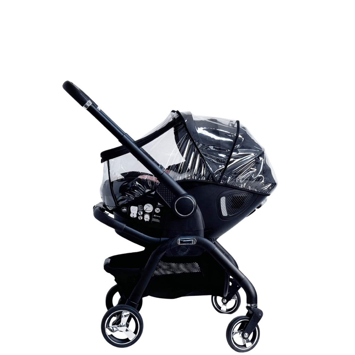 Black baby stroller with transparent canopy on a clear background