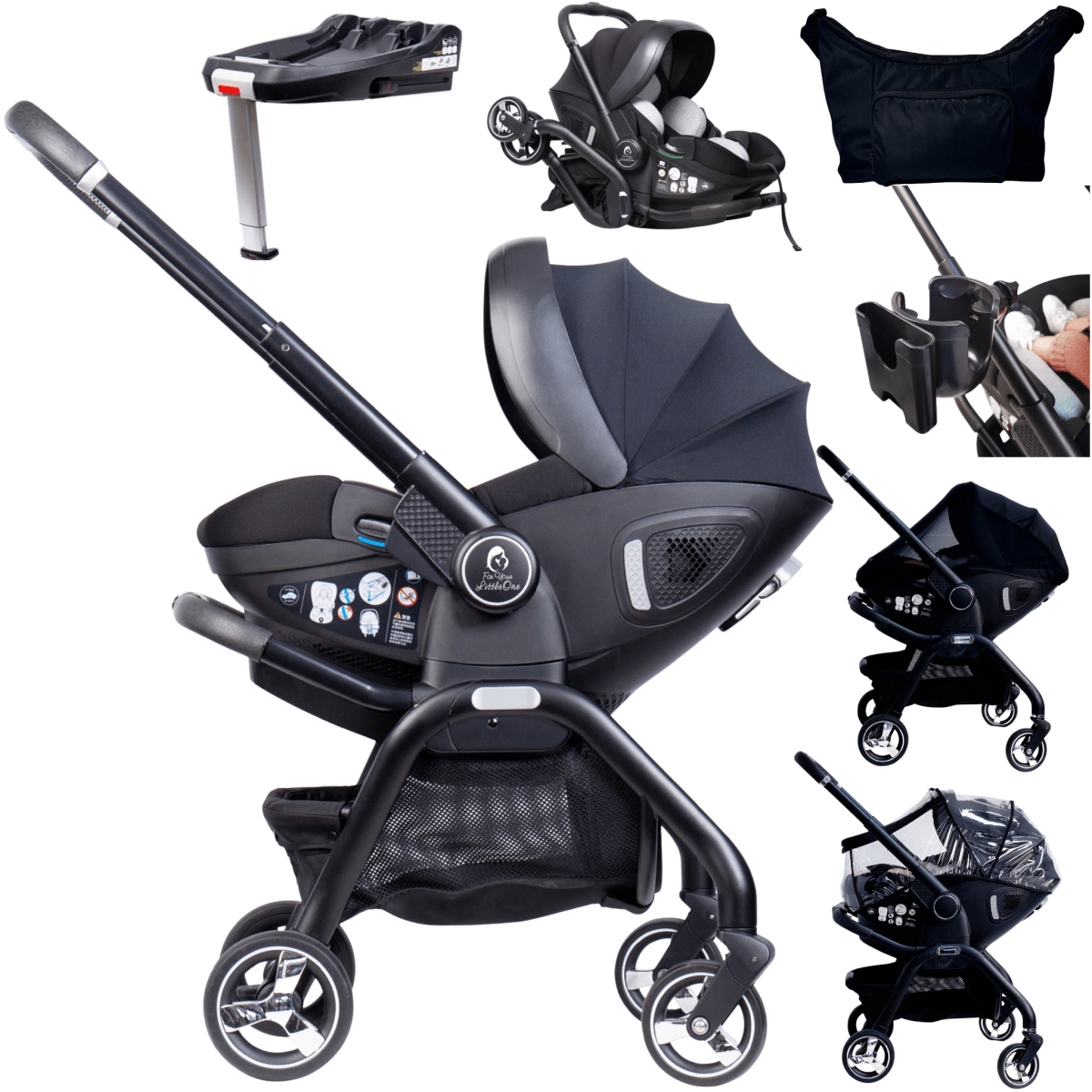 Black baby stroller with multiple attachments on a white background