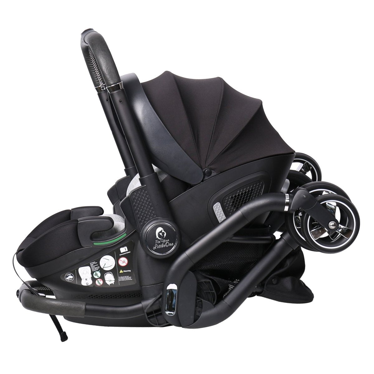 Black baby car seat with stroller attachment on a white background