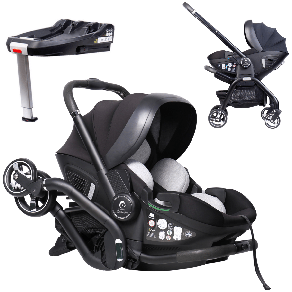 Black baby car seat and stroller set on a white background