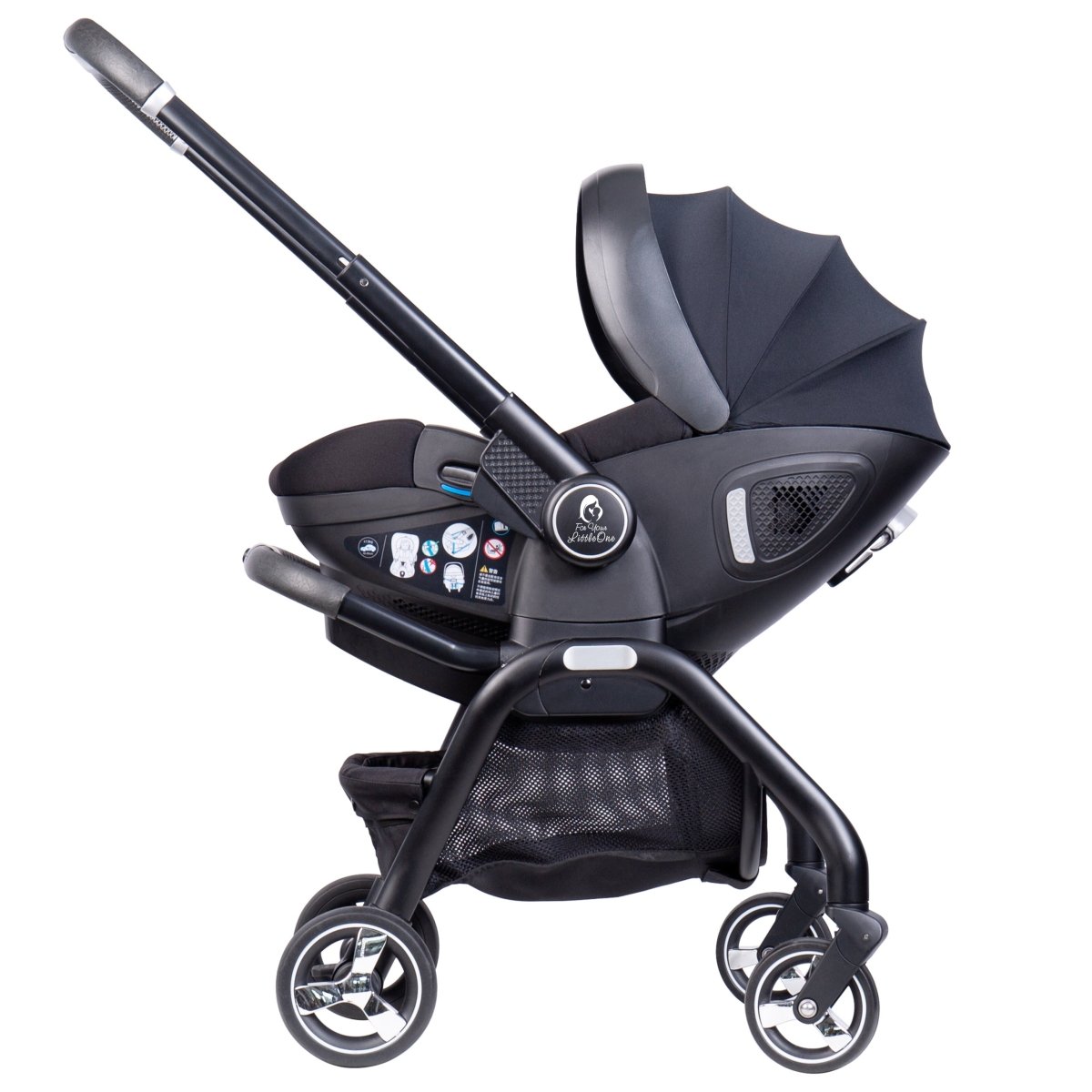 Black baby stroller and car seat combo on a white background