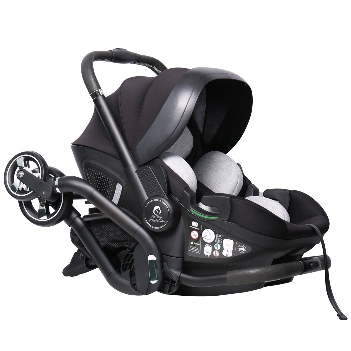 Black and gray baby car seat with stroller attachment on a white background
