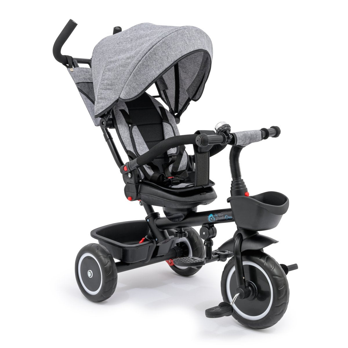 Gray and black baby tricycle with canopy on a white background