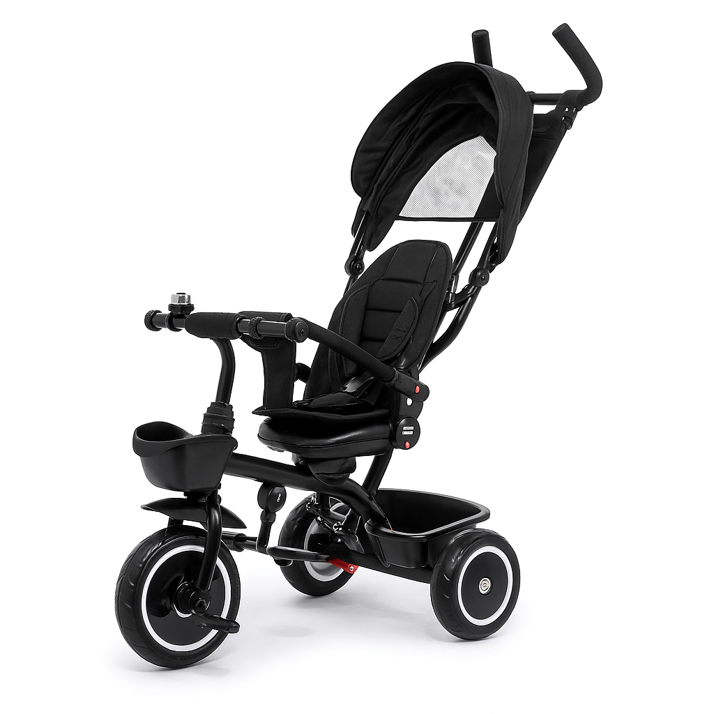 Black baby tricycle with canopy on a white background