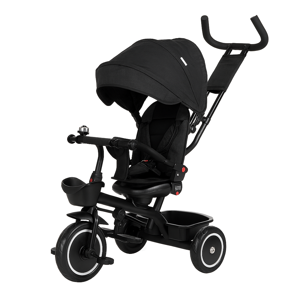 Black baby tricycle with canopy on a white background