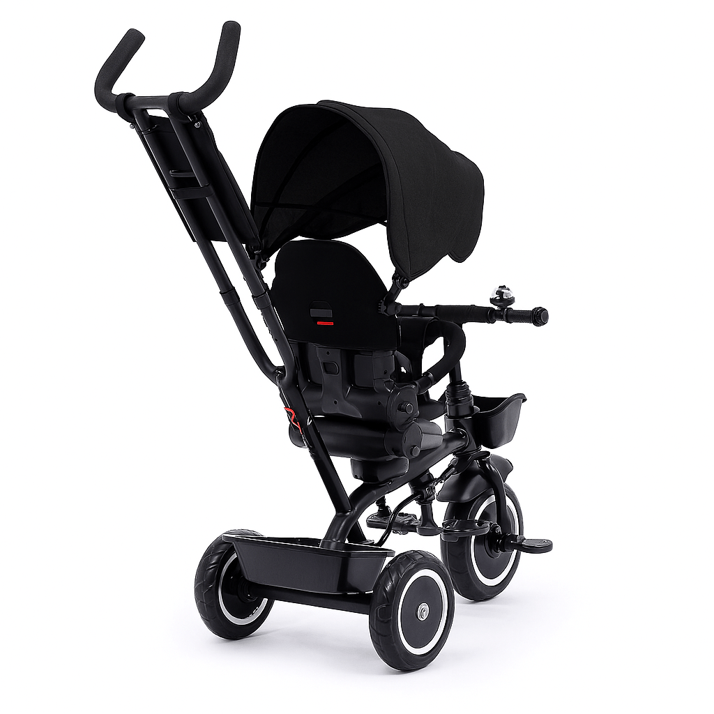 Black baby stroller with canopy on a white background