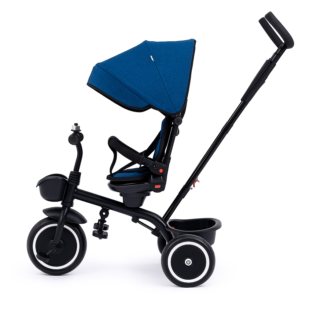 Black tricycle with blue canopy on a white background
