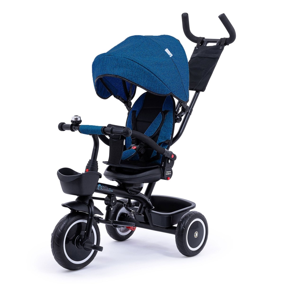 Blue baby stroller with canopy on a white background
