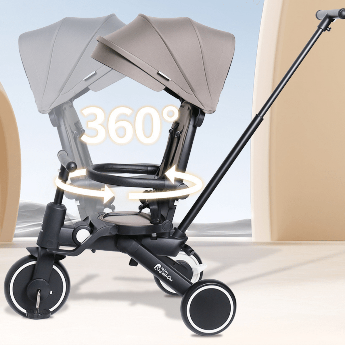 Baby tricycle with a 360-degree view indicator on a light background
