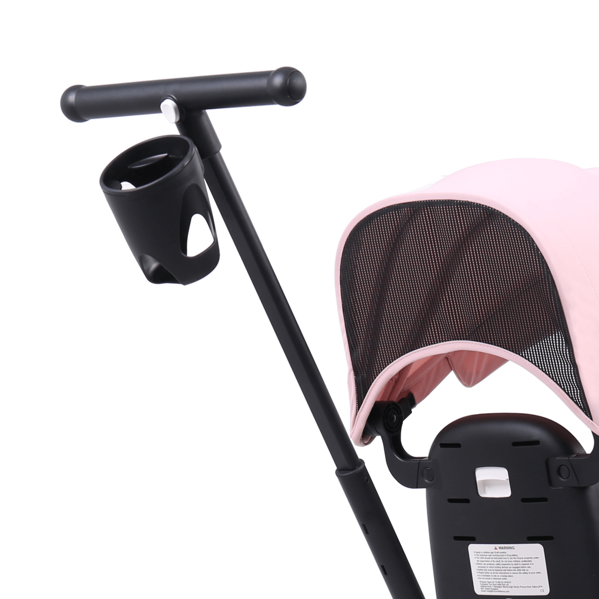 Black cup holder attached to a pink baby stroller on a white background