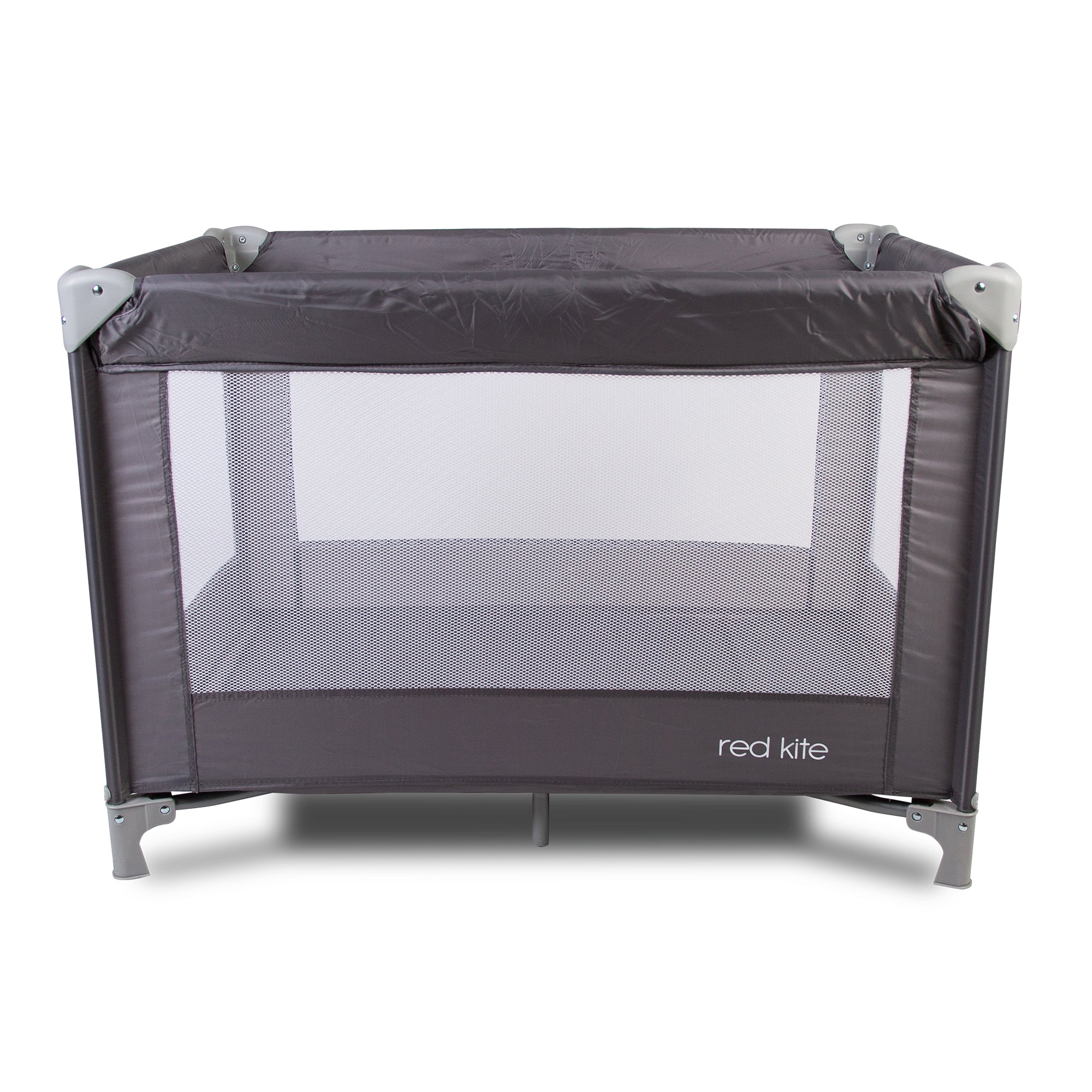 Grey baby playpen with mesh side on a white background, branded 'red kite'.
