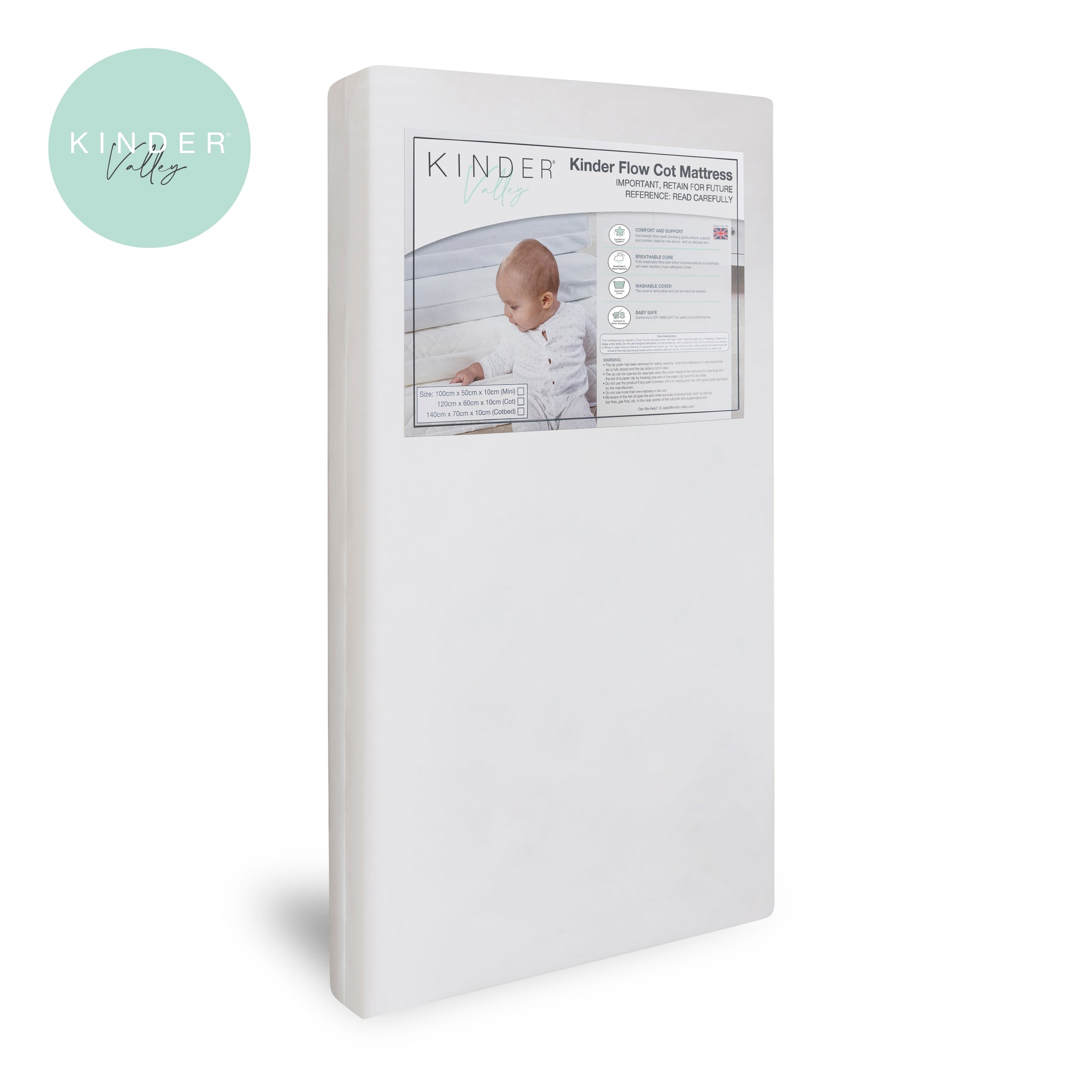 Kinder Valley mattress packaging with a baby image on a white background