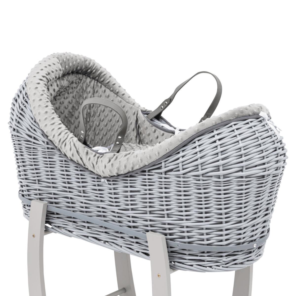 Gray wicker baby Moses basket with gray cushion on a white background