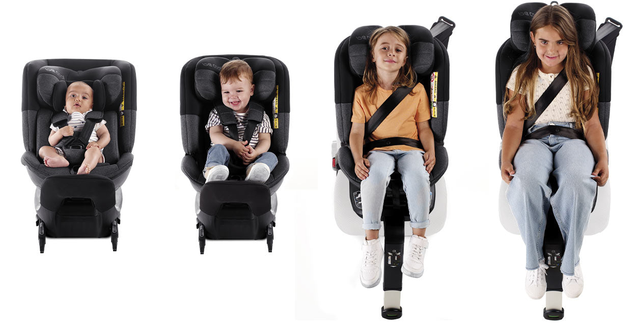 Four stages of a child growing in a car seat from infancy to adolescence.