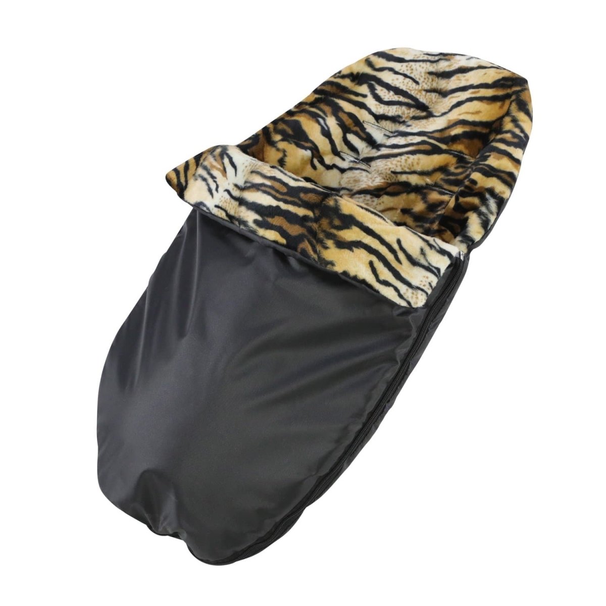 Black baby footmuff with tiger stripe hood on a white background
