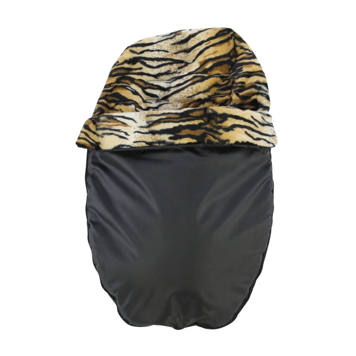 Black footmuff with tiger stripe hood on a white background