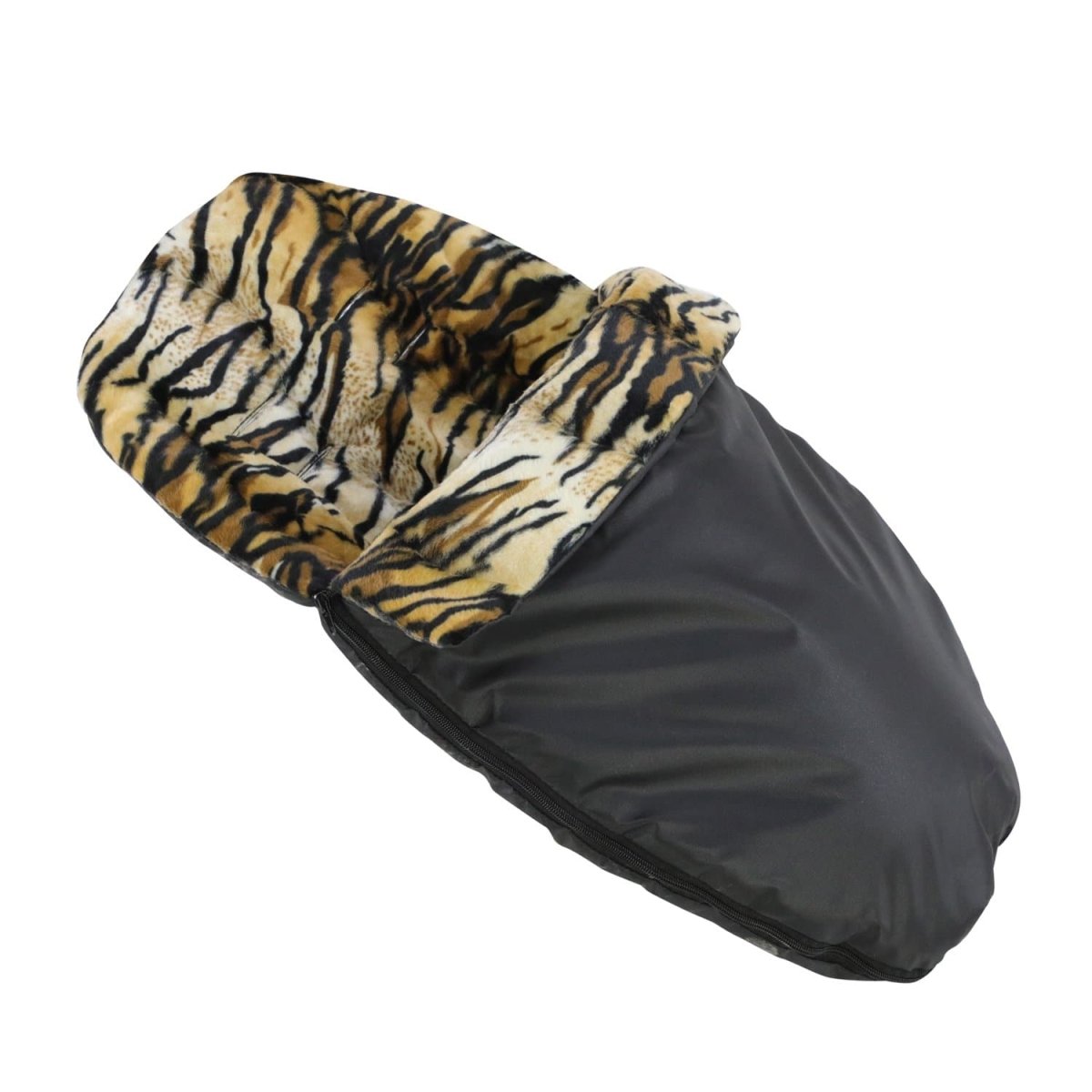 Black footmuff with tiger stripe pattern on a white background