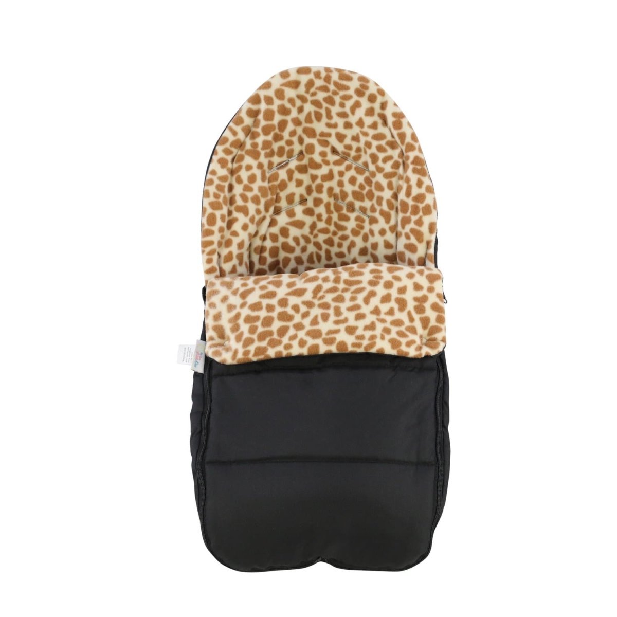 Black baby carrier with leopard print cover on a white background