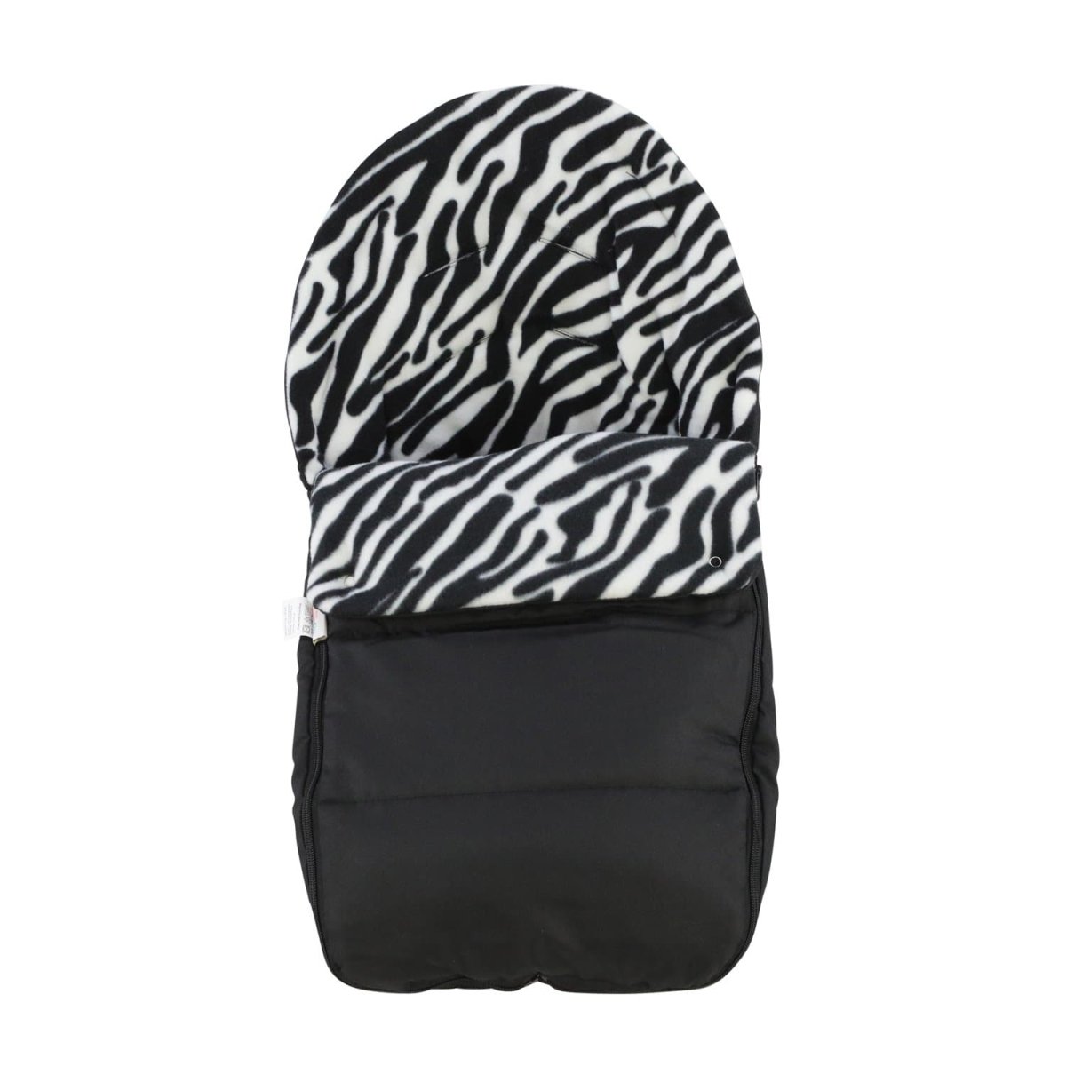 Black and white zebra patterned baby seat cover on a white background