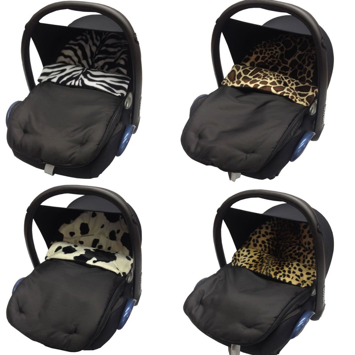 Four views of a black baby car seat with patterned covers on a white background