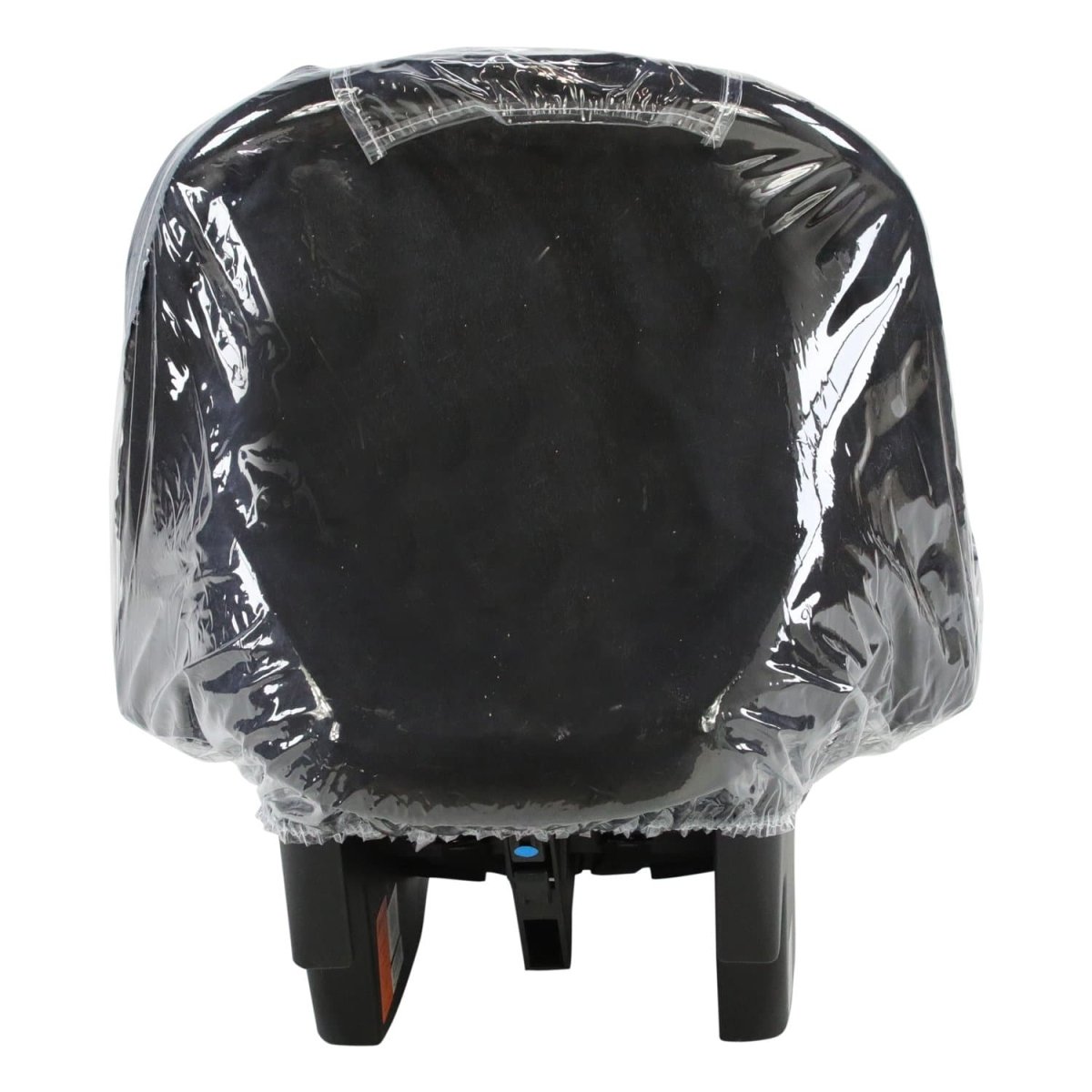 Black baby car seat with a clear rain cover on a white background