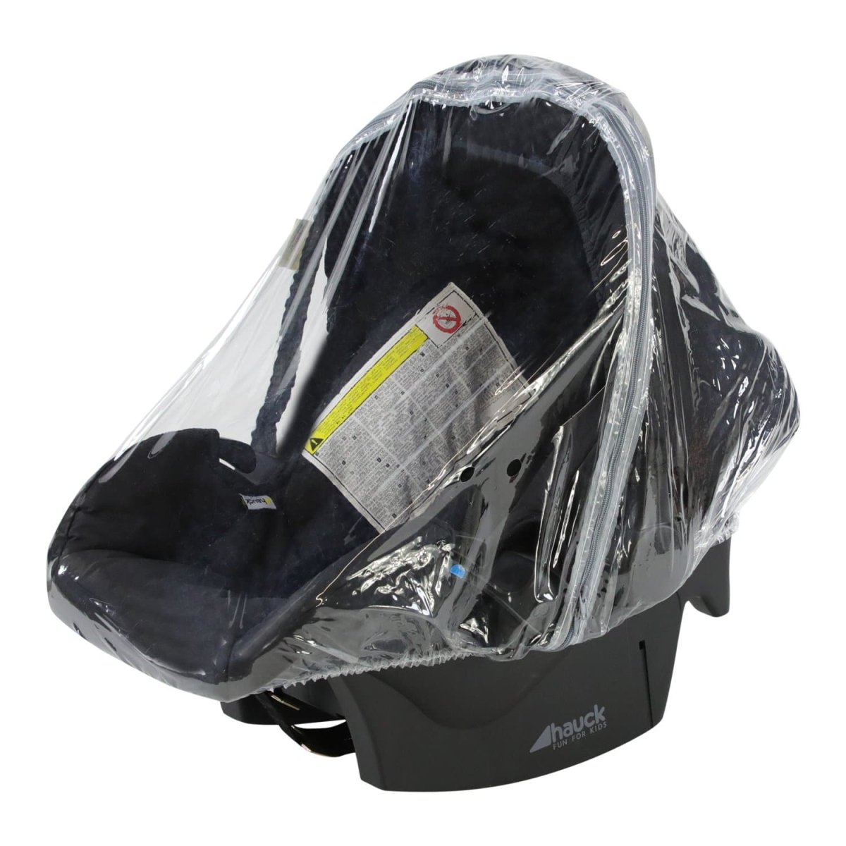 Black baby car seat with a clear rain cover on a white background