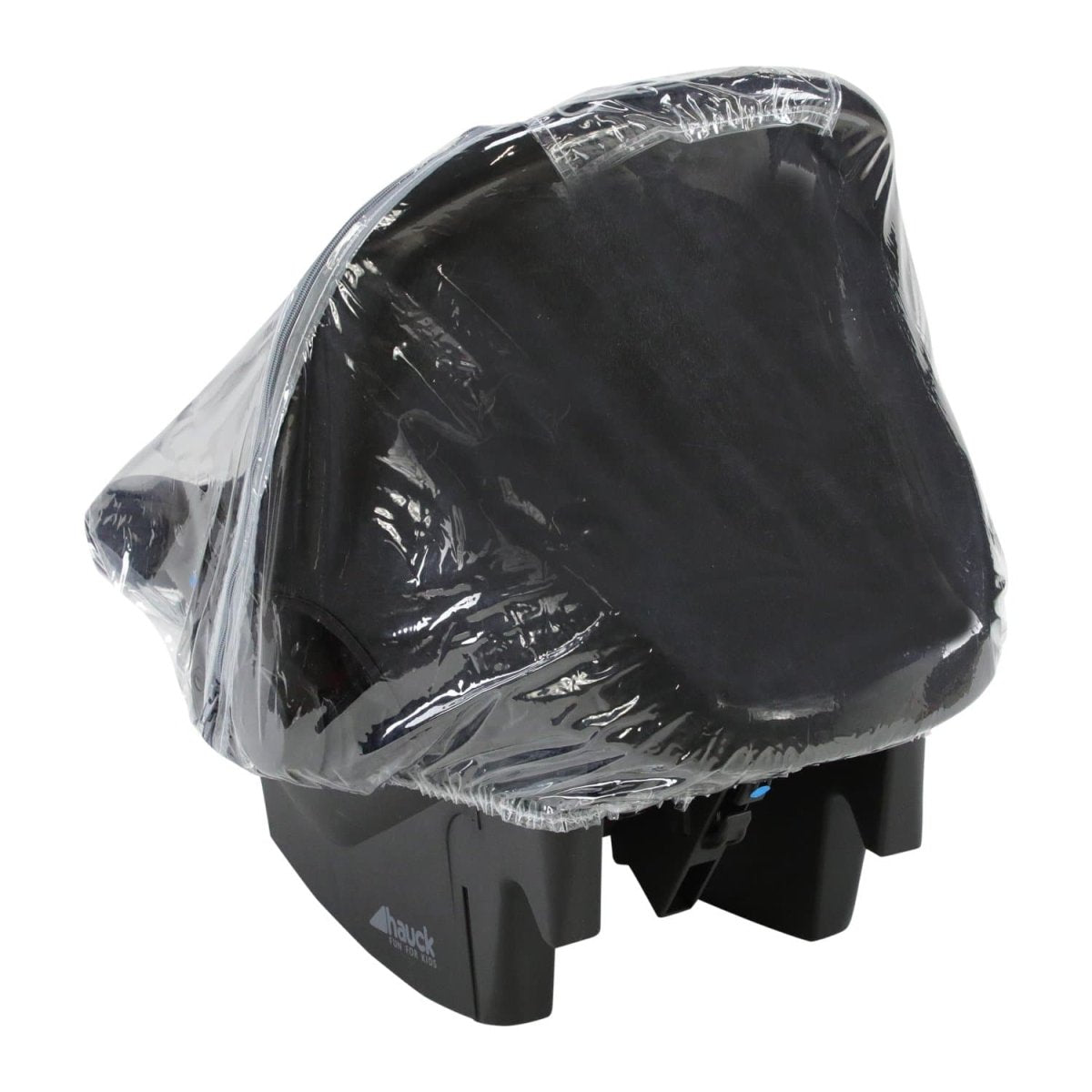 Black baby car seat with a clear plastic cover on a white background