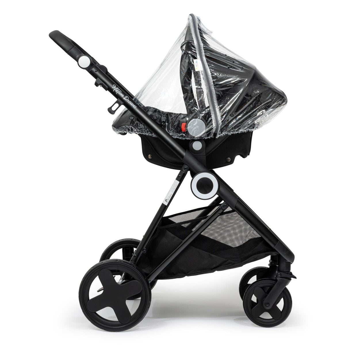 Black stroller with transparent rain cover on a white background