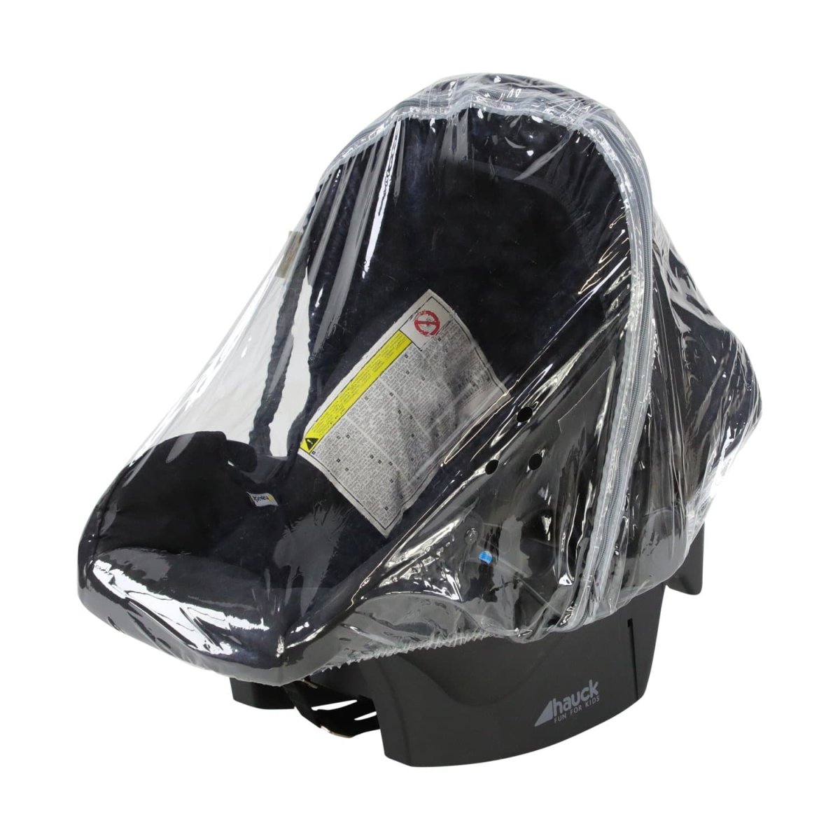 Black baby car seat with a clear rain cover on a white background