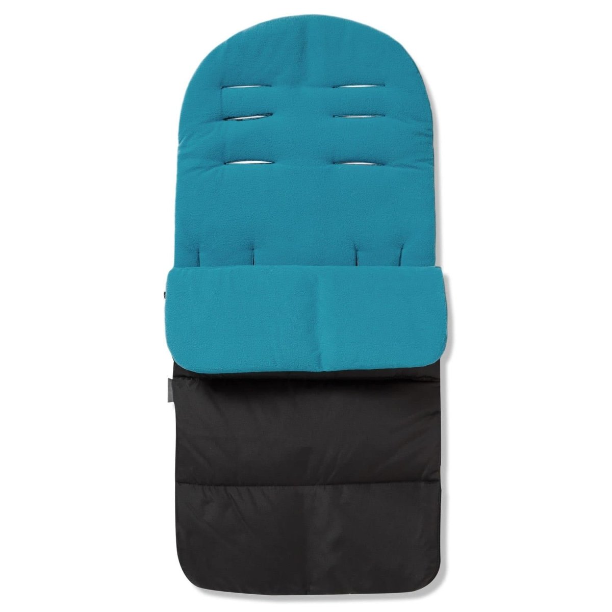 Teal and black footmuff on a white background
