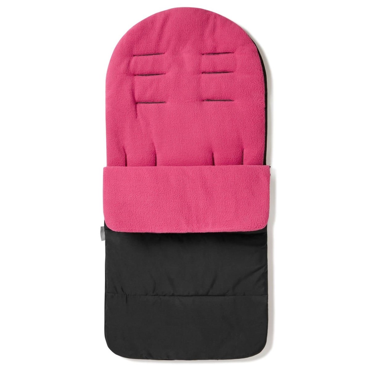 Pink and black baby footmuff on a white background